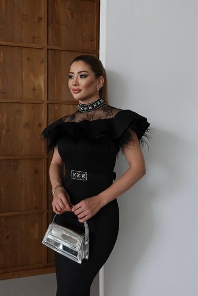 Nars Taş Detaylı Abiye Elbise Siyah