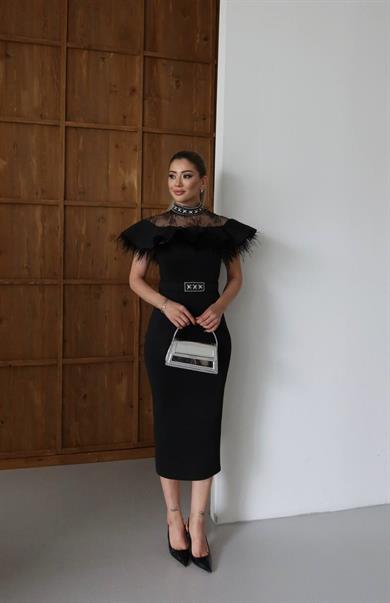 Nars Taş Detaylı Abiye Elbise Siyah