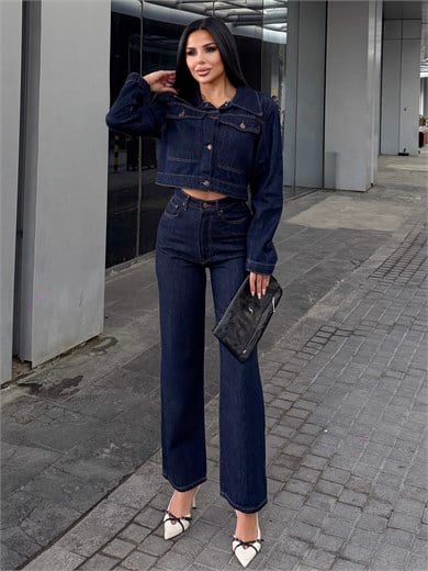 Nasse Kürk Yaka Detaylı Denim Takım Lacivert