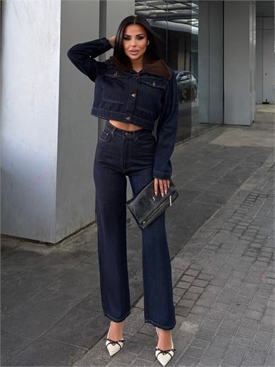 Nasse Kürk Yaka Detaylı Denim Takım Lacivert