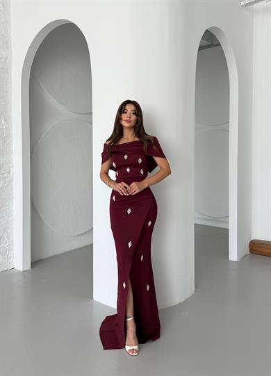 Nepali Taş Detaylı Abiye Elbise Bordo
