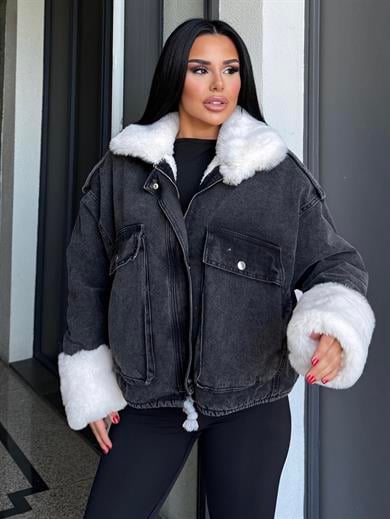 Nossa Kürk Detaylı Denim Ceket Siyah-Beyaz