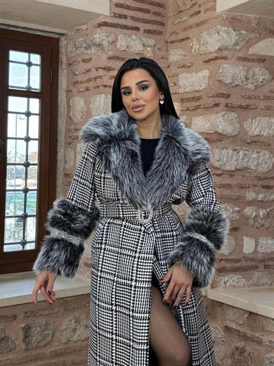Nudes Yaka Kürk Detaylı Kaban Gri