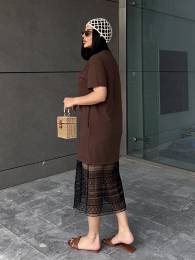 Oden Dantel Detaylı Elbise Kahve