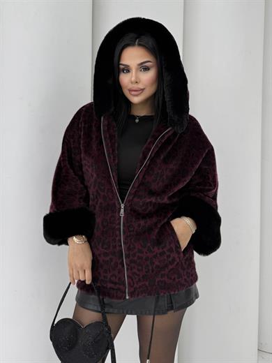 Ozina Leopar Desenli Kürk Bordo