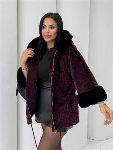 Ozina Leopar Desenli Kürk Bordo