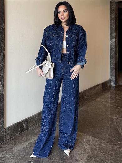 Parlas Taş İşleme Detaylı Denim Takım Mavi