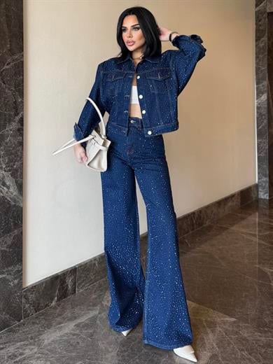Parlas Taş İşleme Detaylı Denim Takım Mavi