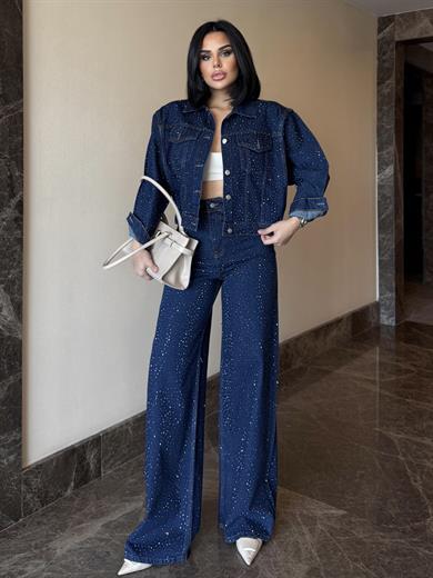 Parlas Taş İşleme Detaylı Denim Takım Mavi