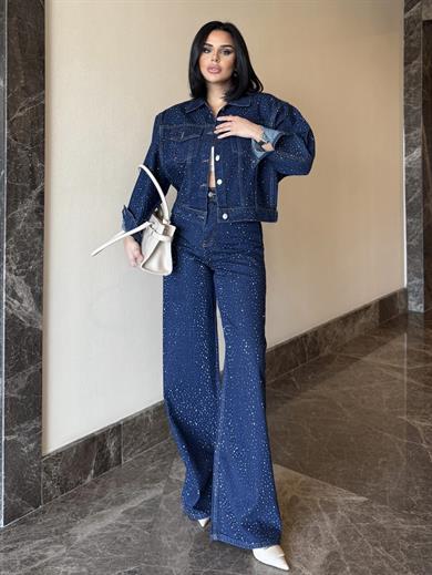 Parlas Taş İşleme Detaylı Denim Takım Mavi