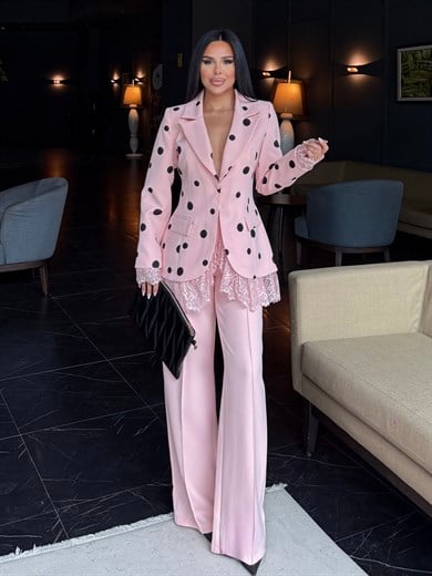 Polina Dantel İşleme Detaylı Takım Pembe
