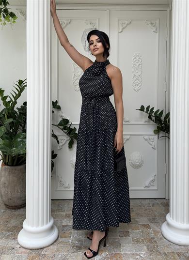Polka Gül Detaylı Puantiye Elbise Siyah