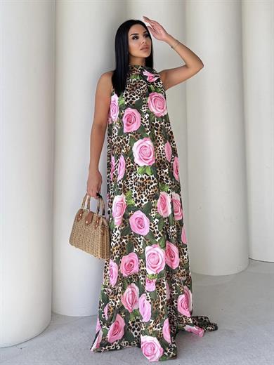 Puket Leopar Detaylı Elbise Pembe