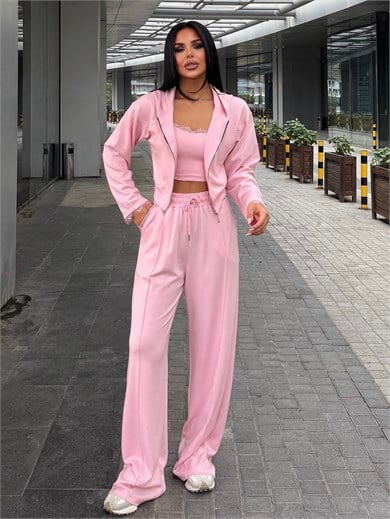 Pullas Dantel Detaylı Üçlü Spor Takım Pembe