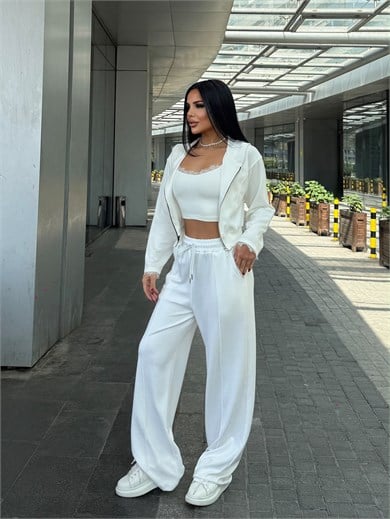 Pullas Dantel Detaylı Üçlü Spor Takım Beyaz