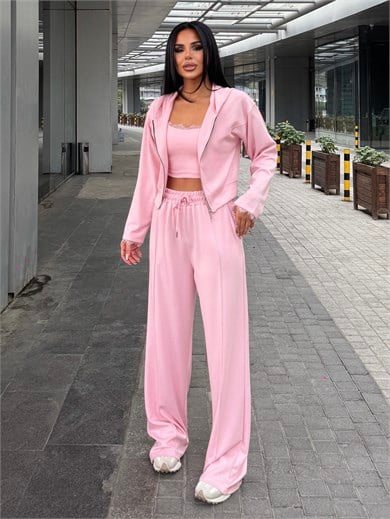 Pullas Dantel Detaylı Üçlü Spor Takım Pembe