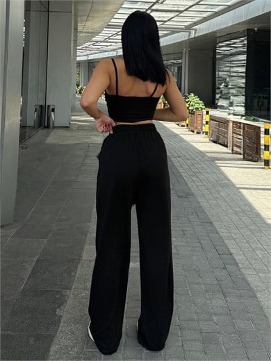 Pullas Dantel Detaylı Üçlü Spor Takım Siyah