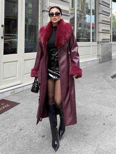 Rachel Kürk Detaylı Deri Kaban Bordo