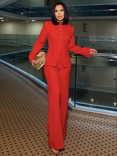 Radisan Gold Düğme Detaylı Palazzo Pantolunlu Takım Kırmızı