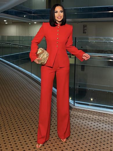 Radisan Gold Düğme Detaylı Palazzo Pantolunlu Takım Kırmızı