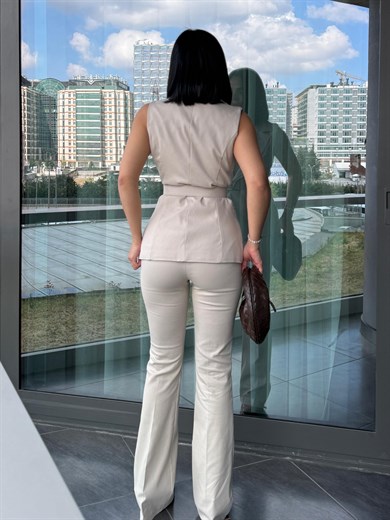 Riana Kemer Detaylı Yelekli Takım Bej