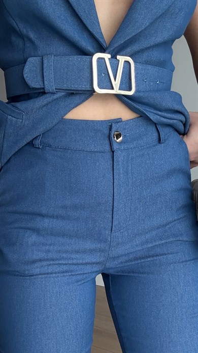 Riana Kemer Detaylı Yelekli Takım Mavi