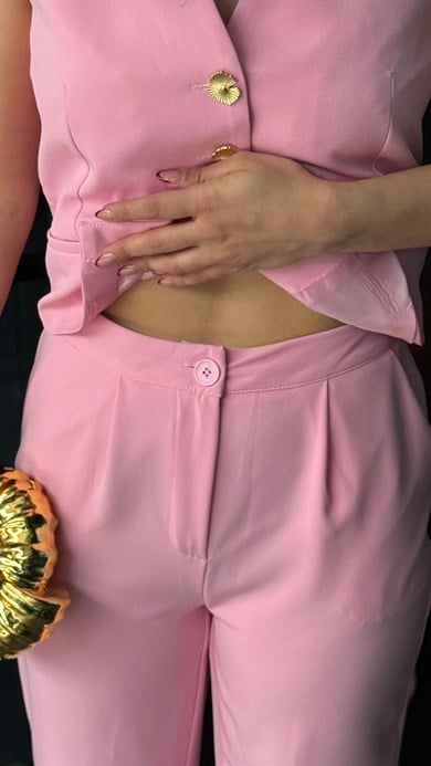 Romas Gold Düğme Detaylı Takım Pembe