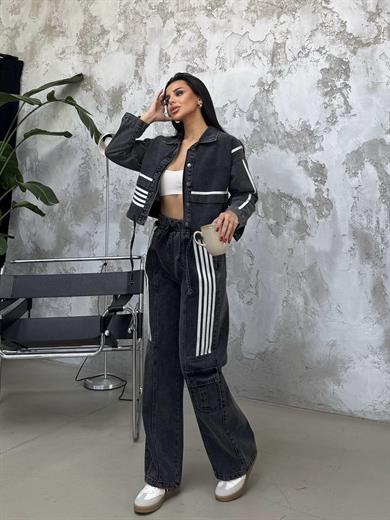 Rosmeri Tasarım Şeritli Denim Takım Füme