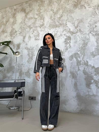Rosmeri Tasarım Şeritli Denim Takım Füme
