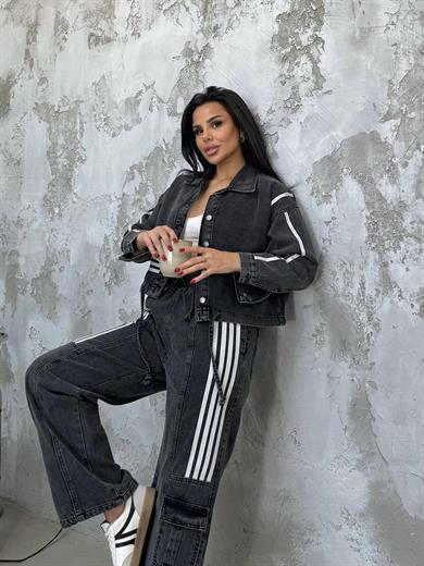 Rosmeri Tasarım Şeritli Denim Takım Füme