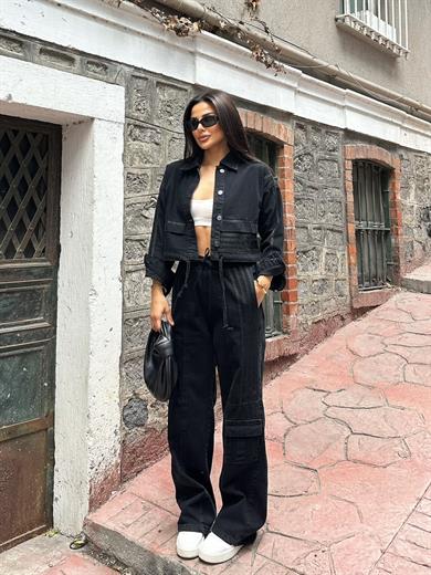 Rosmeri Tasarım Şeritli Denim Takım Siyah