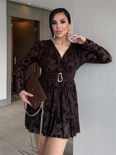 Rovina Gold Toka Detaylı Elbise Kahve