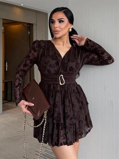 Rovina Gold Toka Detaylı Elbise Kahve