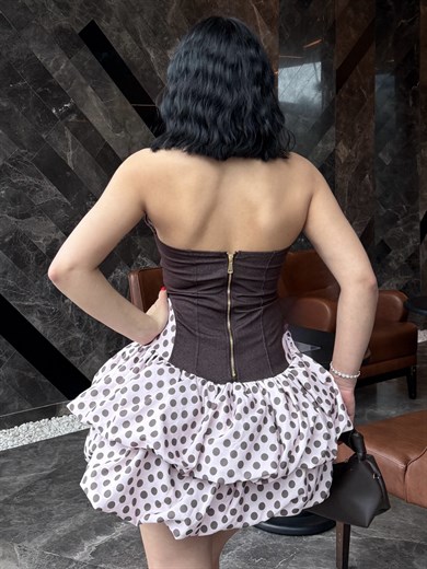 Santorina Tasarım Puantiye Detaylı Elbise Kahve