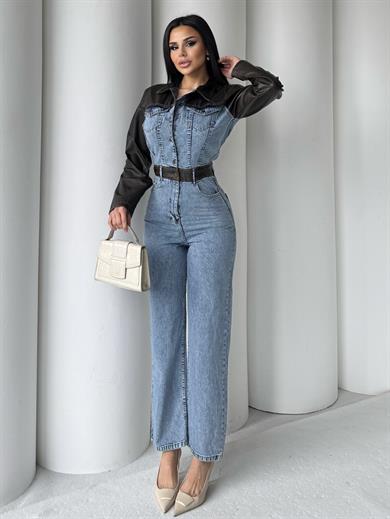 Sarte Deri Detaylı Denim Tulum Mavi