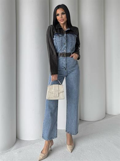 Sarte Deri Detaylı Denim Tulum Mavi
