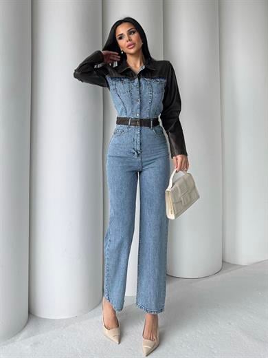 Sarte Deri Detaylı Denim Tulum Mavi