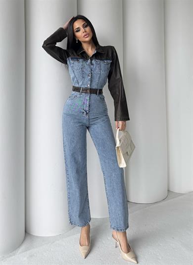 Sarte Deri Detaylı Denim Tulum Mavi