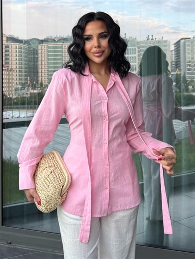 Sebra Tasarım Keten Gömlek Pembe