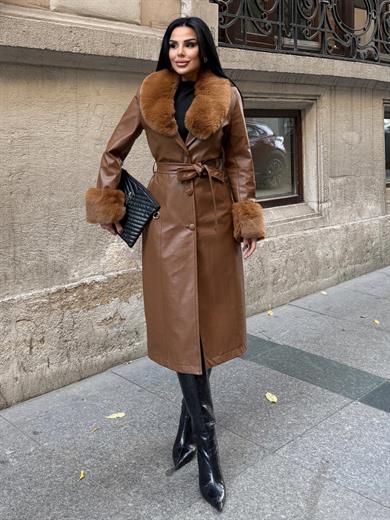 Selina Kürk Yaka Detaylı Deri Trenç Kahve