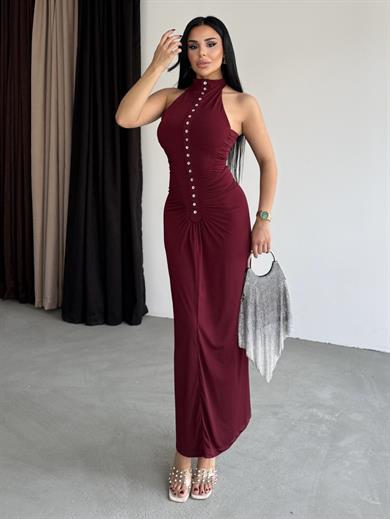 Sılvera Düğme Detaylı Elbise Bordo