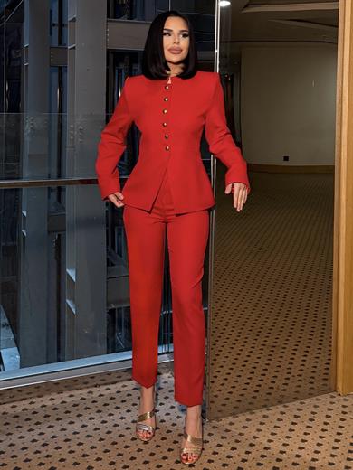 Sılvers Gold Düğme Detaylı Takım Kırmızı