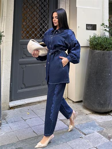 Sinora Nakış İşleme Detaylı Denim Takım Lacivert