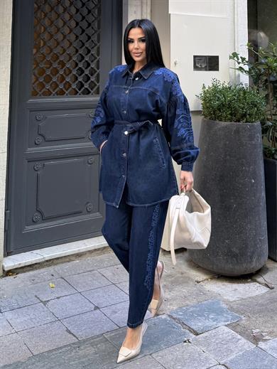 Sinora Nakış İşleme Detaylı Denim Takım Lacivert