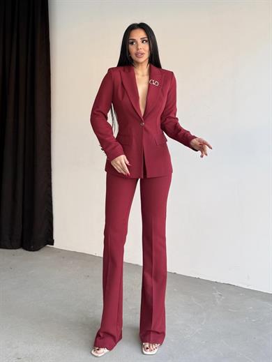 Siolet Broş Detaylı Takım Bordo
