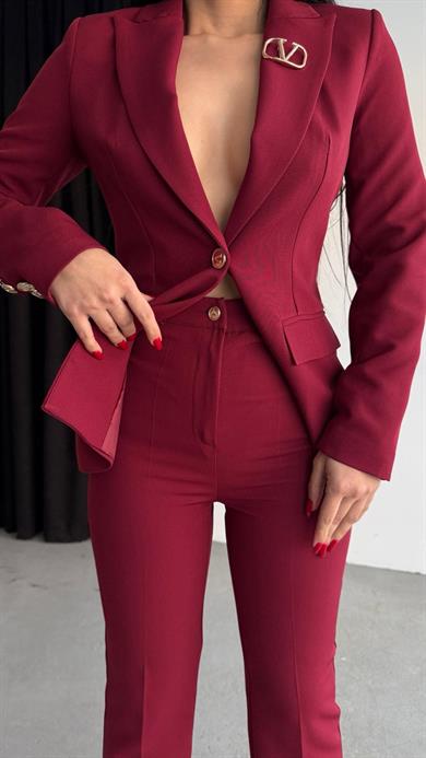 Siolet Broş Detaylı Takım Bordo