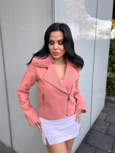 Sirius Kürk Detaylı Kaşe Mont Pudra