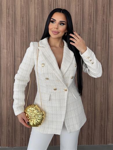 Sofira Gold Düğme Detaylı Blazer Ceket Beyaz