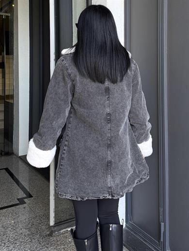 Solinda Kürk Detaylı Denim Ceket Gri-Beyaz