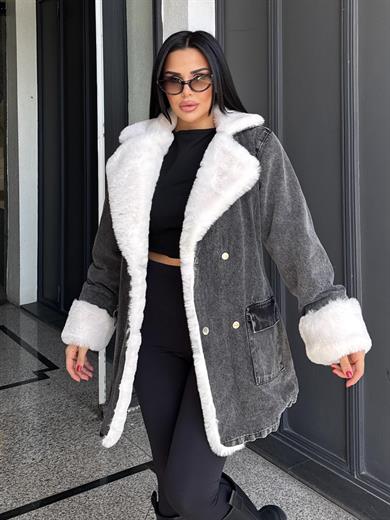 Solinda Kürk Detaylı Denim Ceket Gri-Beyaz